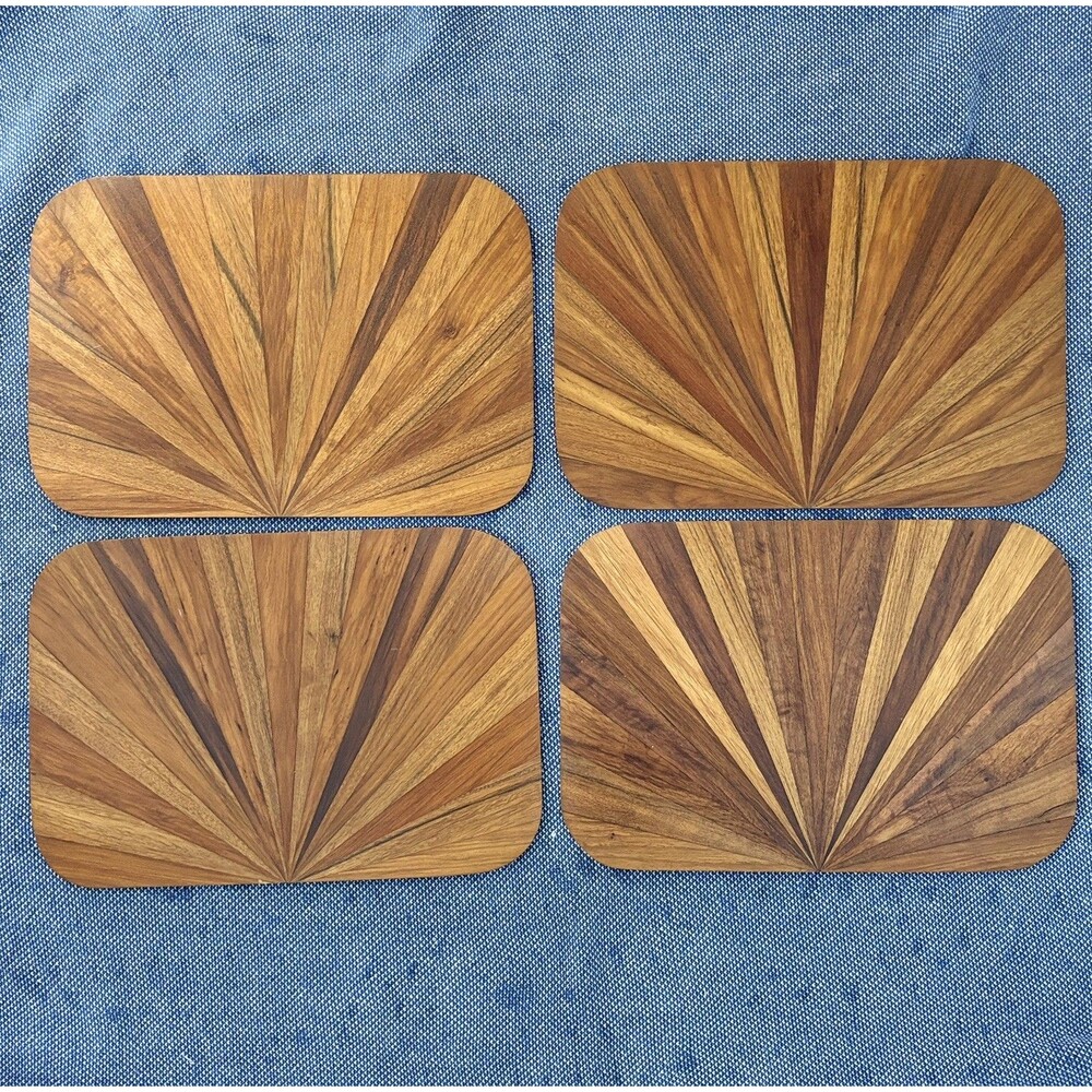4 Vintage Wood Art Trays Abstract Inlay Marquetry MCM Style Decor Rare Fun